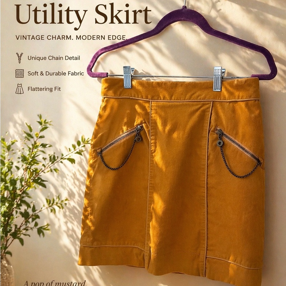 Mustard Velvet Mini Skirt w/ Chain Detail | Size M | Vintage Style